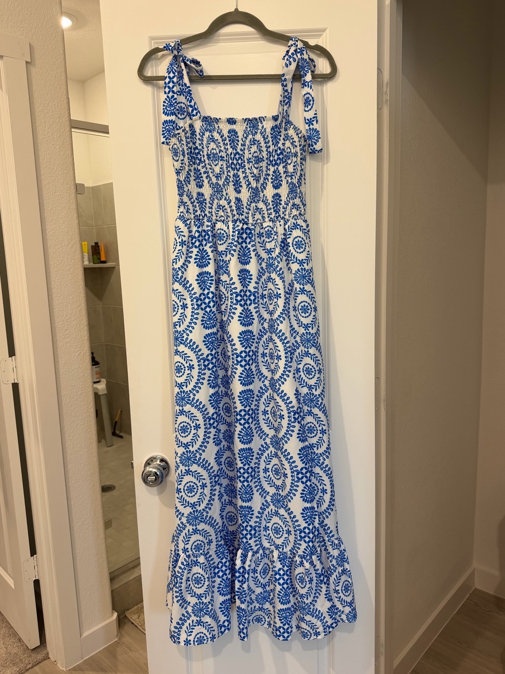 SHEIN Blue & White Tie-Strap Smocked Maxi Dress
